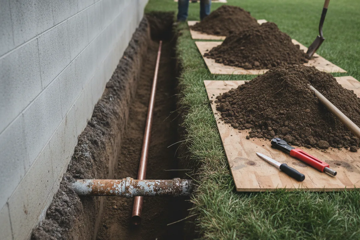 Excavated water line trench during Water Softener Installation in Willow River